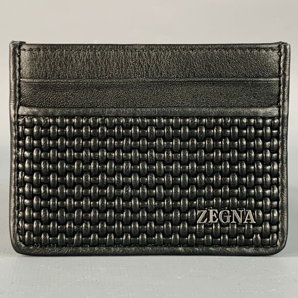 ERMENEGILDO ZEGNA One Size Black Textured Woven Leather Card Case Wallet - Picture 1 of 5